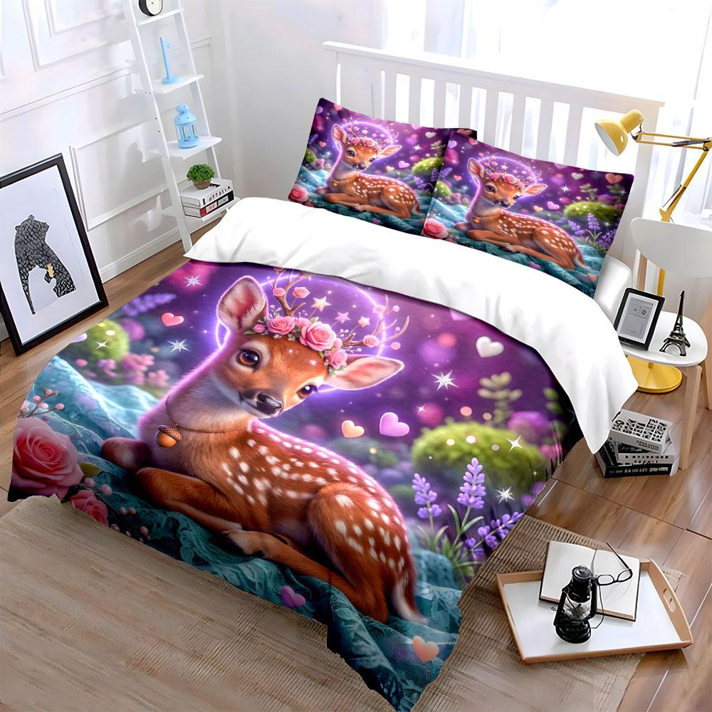 Romantic Fawn with Dreamy Floral Crown Print Bedding Set 1 Duvet Cover 2 Pillowcases for Adult and Children Luxury Gift