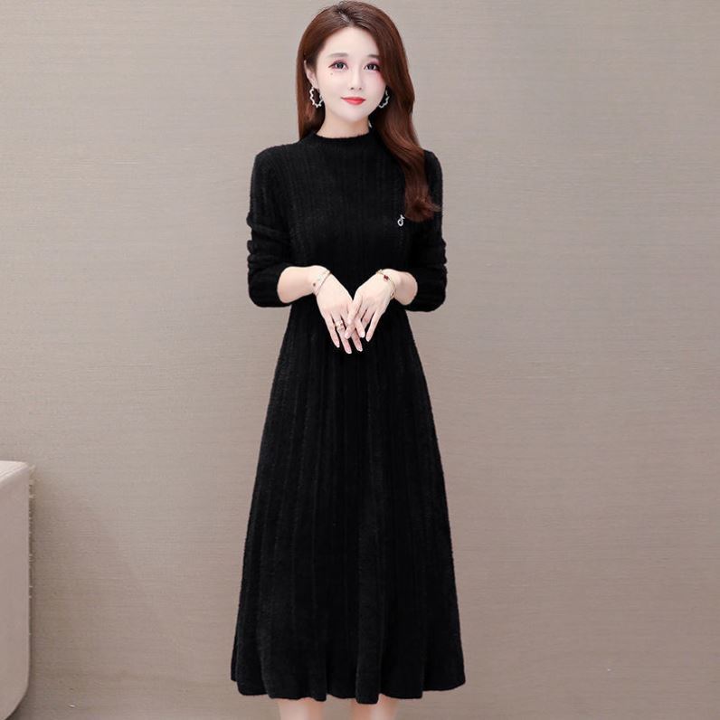 Long Knitted Dress for Women Autumn Solid-color Sweater Dress Imitating Mink Fur Cinched Waist and Trendy Solid-color Long-sleeved Knitted Sweater