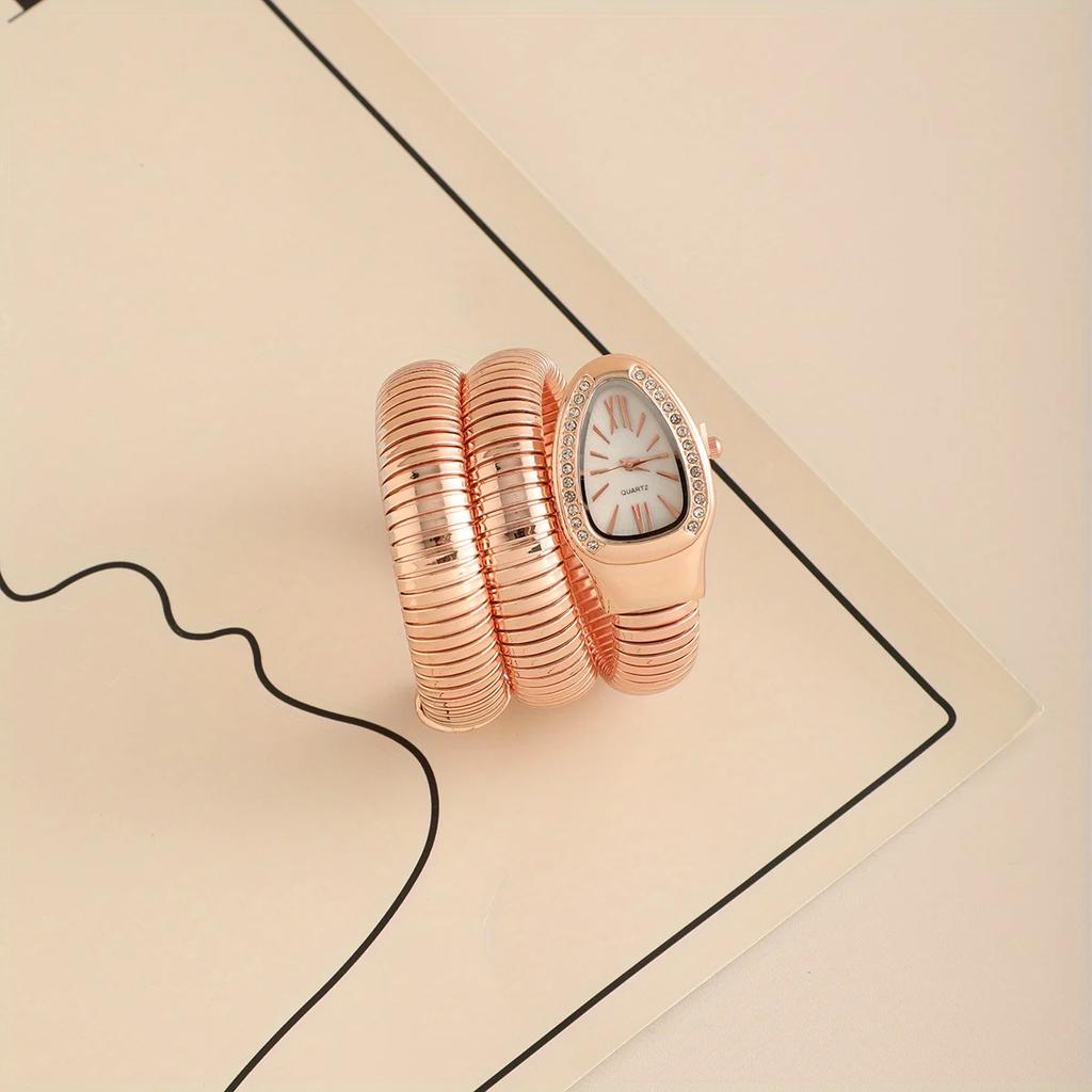 Elegant Snake-Shaped Quartz Wrist Watch for Women-Flexible Spring Band, Fashion Accessory, Snake Motif Design, Embellished Band