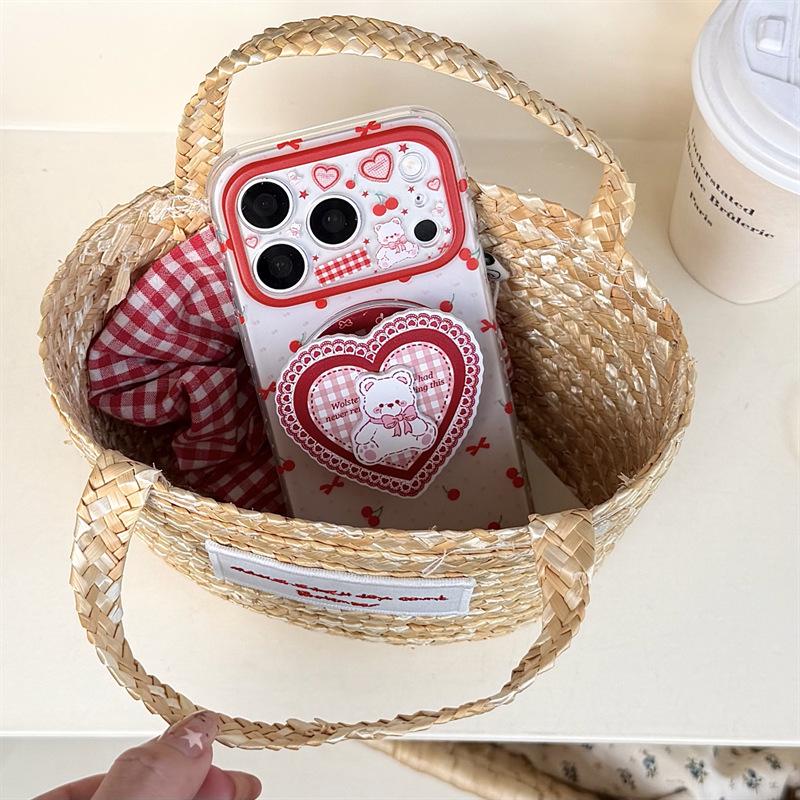 Cherry Heart Bear Magnetic Stand Phone Case for iPhone 17/16 Pro Max/15/14