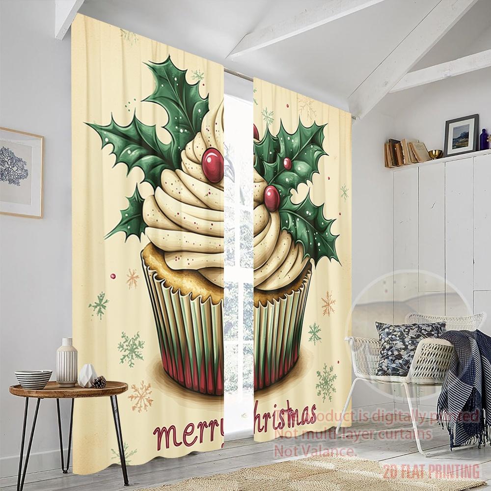 2 Stück, 2D-Flachdruckmuster Vorhänge Weihnachten Cupcake Stechpalme Kiefer (2) Vielseitiges Polyester (ohne Stange) Art Deco Festlich für