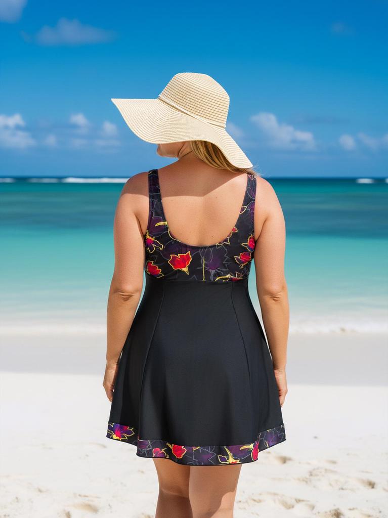 Plus Size Women's Red Floral Two-Piece Tankini Swimwear with Skirt