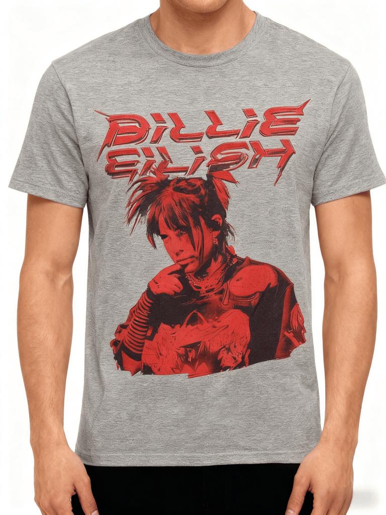 Billie Eilish Czerwony Portret Nadrukowany Casualowy Modny Letni T-shirt dla Mężczyzn i Kobiet Luźny Oversize Retro Czysta Bawełna