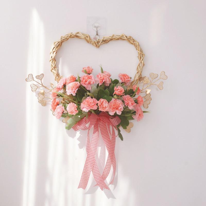New Heart-Shaped Carnation Wreath Suitable for Valentine's & Mother's Day - Plastic Door/Wall Hanging Decor with Carnations