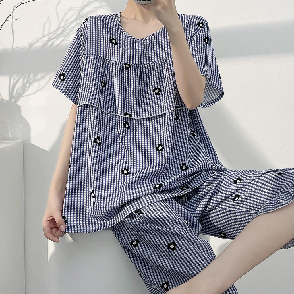1011 New anti-bump cotton and silk pajamas women's summer ultra-thin short-sleeved trousers cotton and silk set large-size loungewear