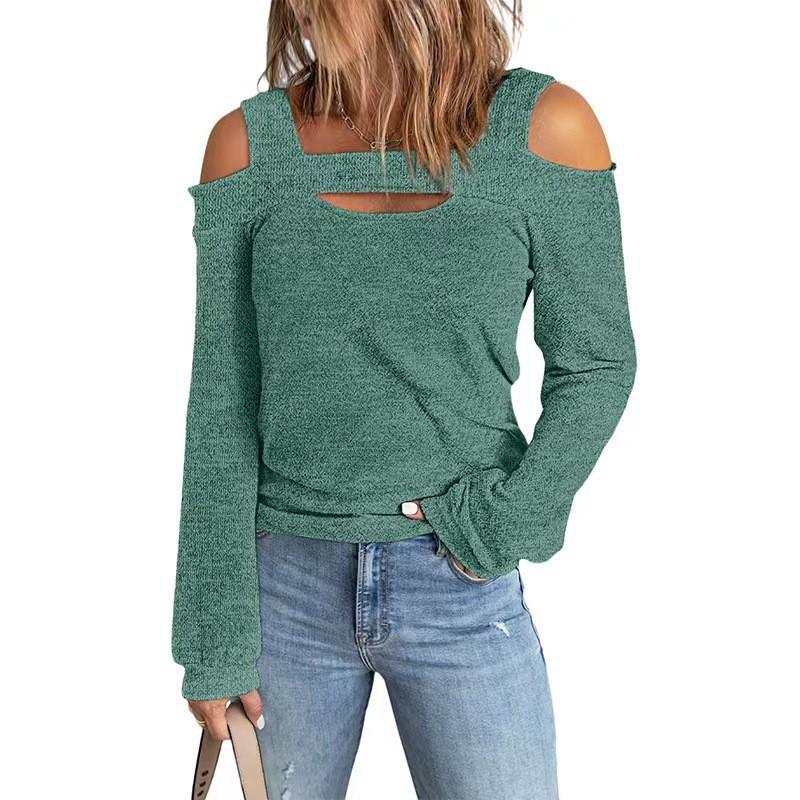 

Fashionable Casual Solid Color Off-the-shoulder Loose Long-sleeved T-shirt Women 3XL зелений