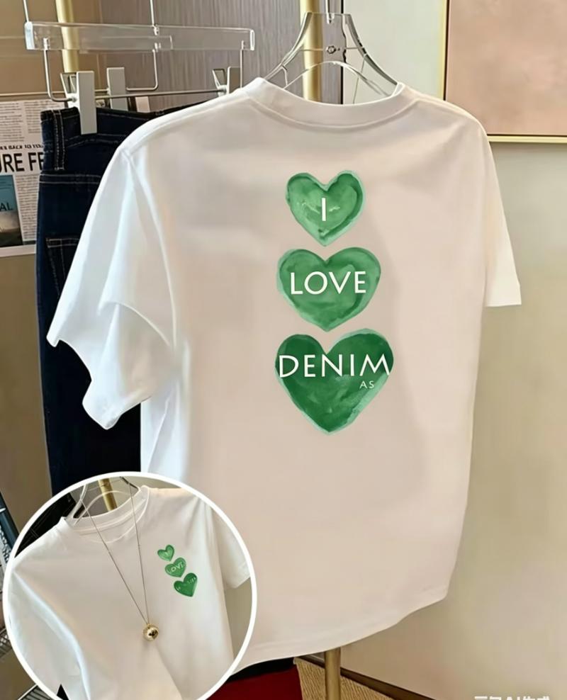 Spring Summer Heart Print T-shirt I Love Denim Graphic Short Sleeve Tops Men Women Casual Loose Streetwear Daily Wear Tee