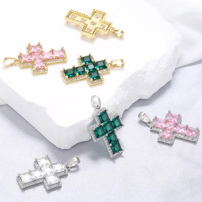 Popular Colored Diamond Cross Pendant Full Of Diamonds Square Zircon Hip Hop Diy Jewelry Accessories Female Vd1277