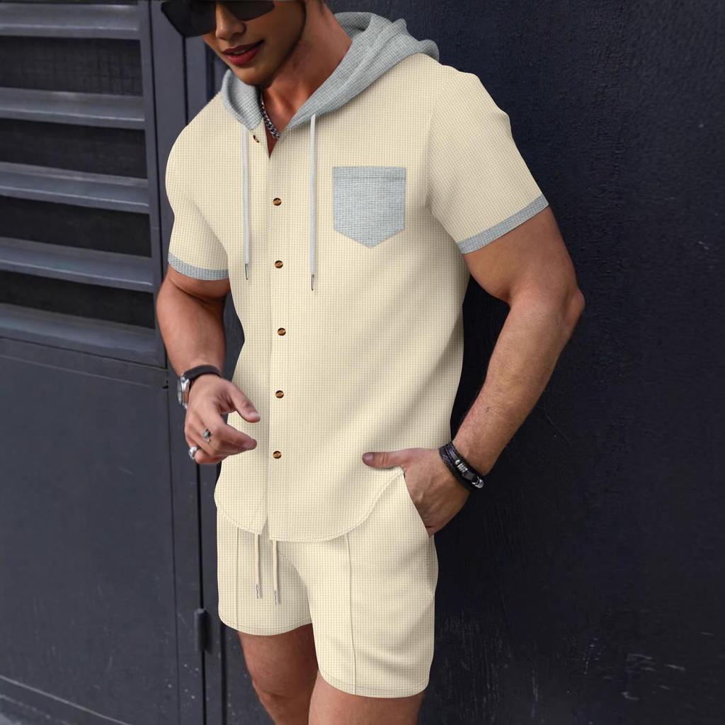 Men's Color Block Hooded Short Sleeve Cardigan Jacket and Shorts Set for Summer