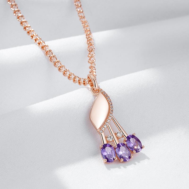 Shiny Purple Natural Zircon Pendant Necklace For Women Fashion Rose Gold Color Crystal Flower Daily Fine Jewelry