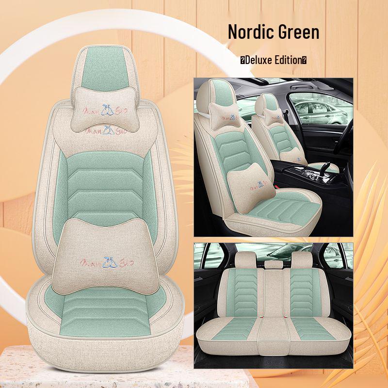 Four Seasons Universal Cotton Linen Car Seat Cushion - Full Coverage Linen Fiber Cover