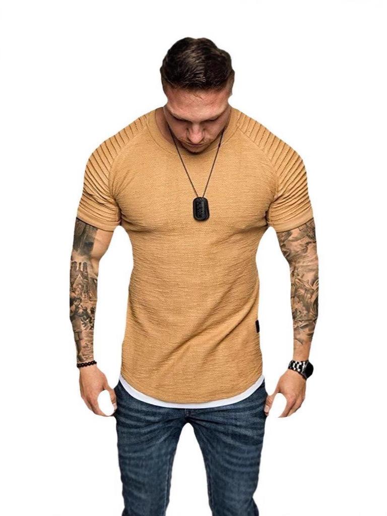 Herren Slim-Fit Plissiertes Rundhals Raglan Kurzarm T-Shirt