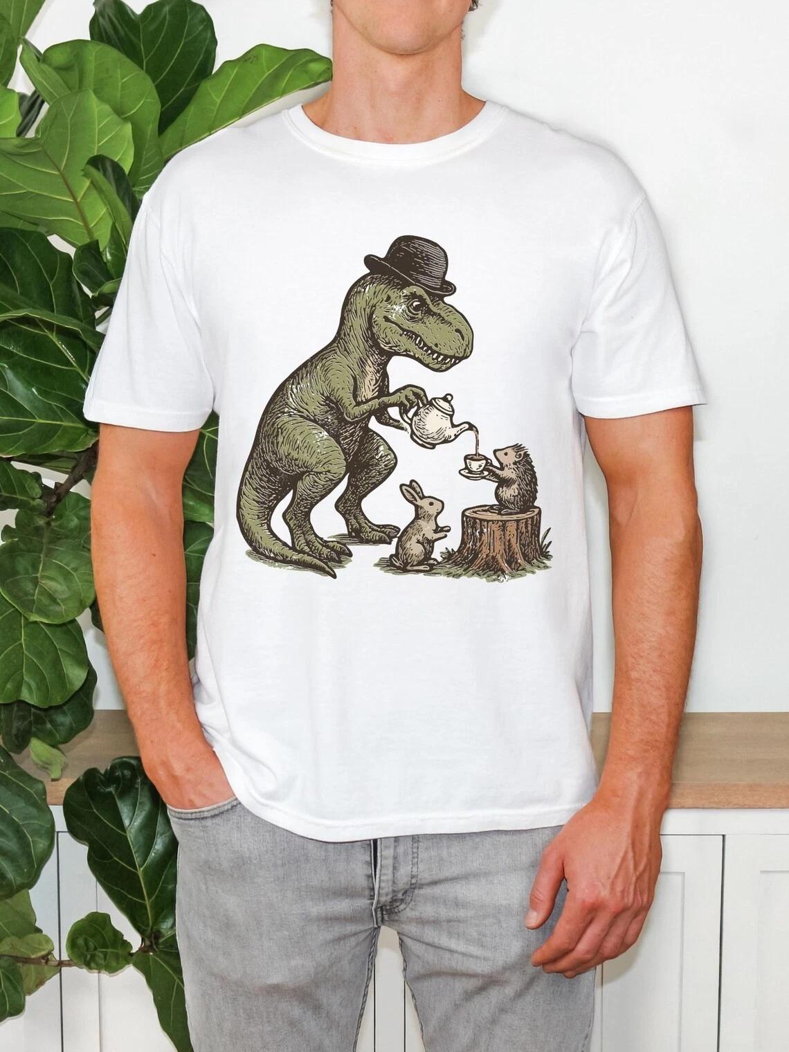 T-Rex Tea Party Graphic Tee Funny Dinosaur Hedgehog Bunny Humor Gift T-shirt 2XL