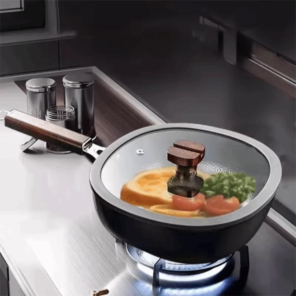Refined Iron Stir Fry Pot Wood Handle Nonstick Pan Cookware Square Frying Pan  Chef
