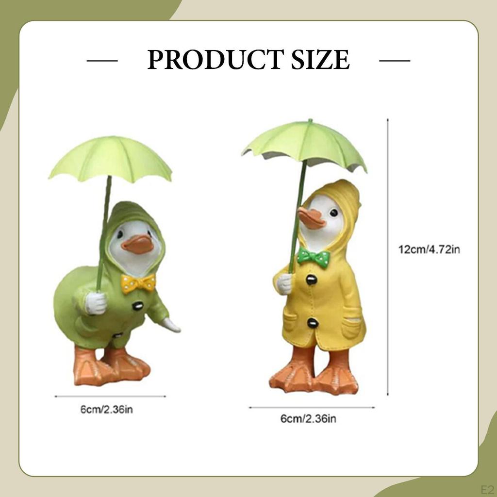2Pcs Duck Holding Umbrella Statues Hand Painted Figures Lawn Ornaments Cafe Resin Sculptures for