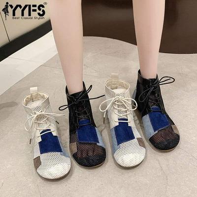 New Sandals for Women Summer Retro All-match Mesh Hollow Breathable Headband Casual Thick Sole Outerwear High Top Sandals