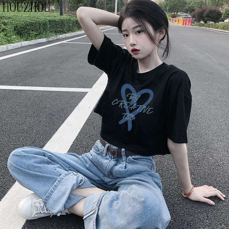HOUZHOU Crop T-shirt Frauen Drucken Lose Kurzarm Sommer Nabel Ins Sexy Chic Casual Übergroßen Trend
