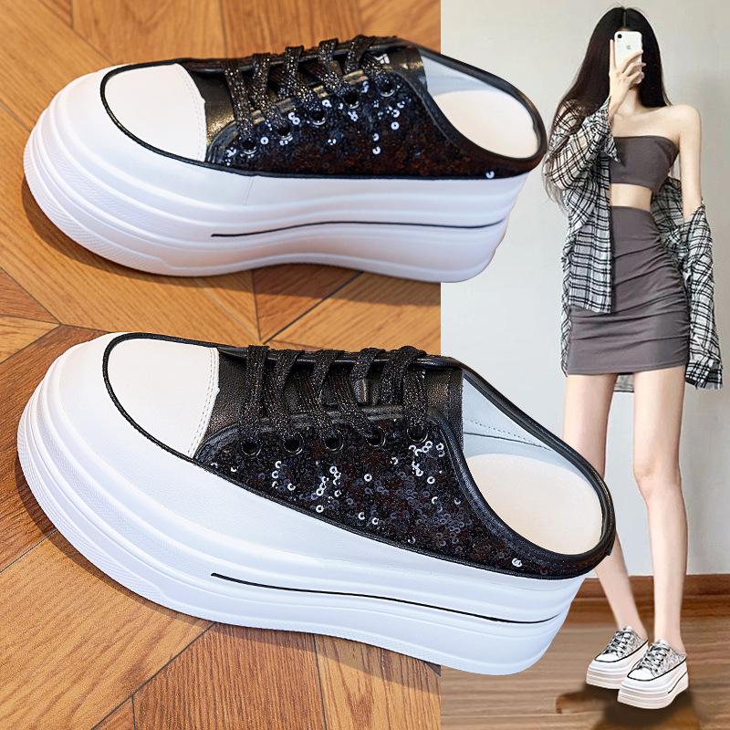 Thick-soled White Shoes for Women Summer Breathable Half Slippers All-match Sports Casual Shoes