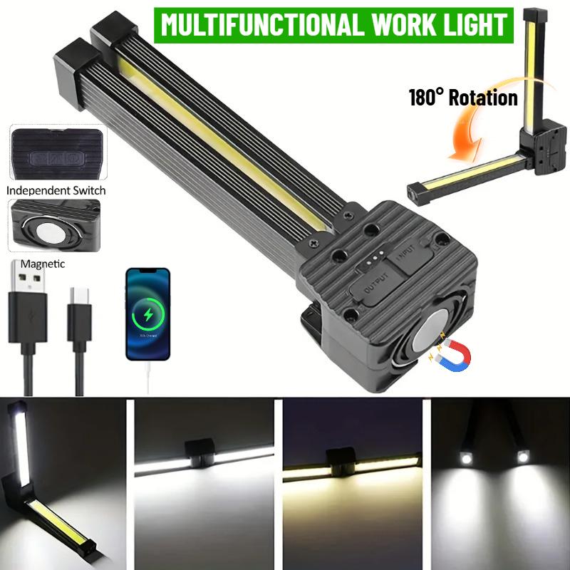 USB Rechargeable LED Work Light Foldable Flashlight with Magnetic Hanging Hook Type-C Charging Torch or Camping Car Repair