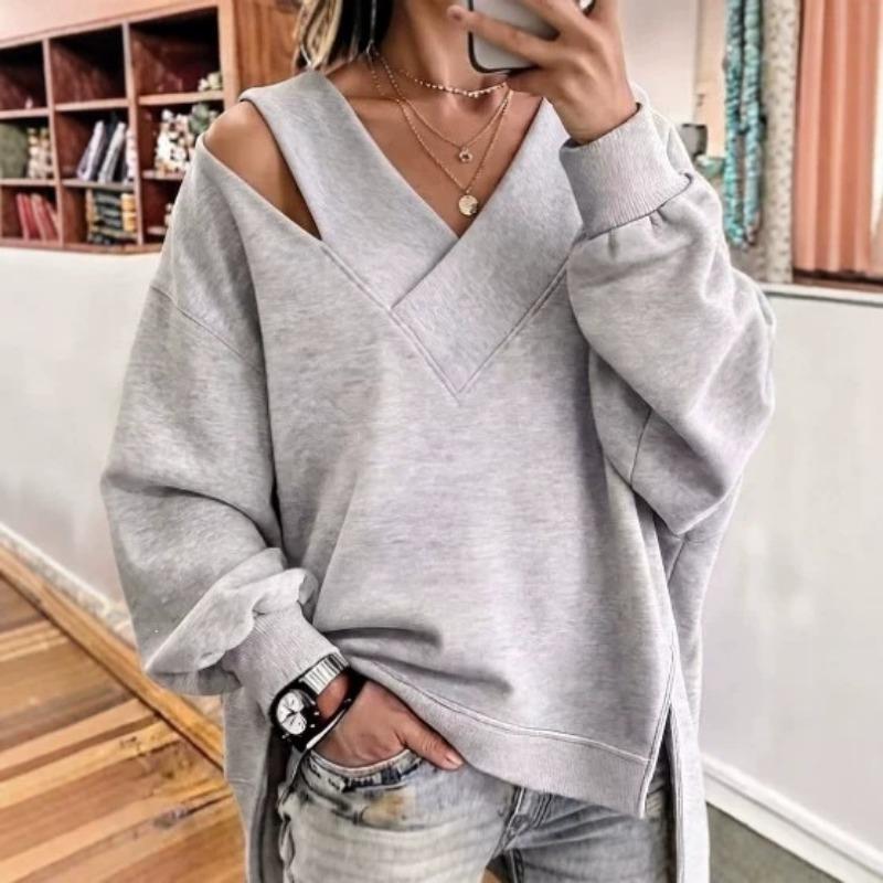 Women S Solid Cross Collar Long Sleeve Loose Fit Sweatshirt