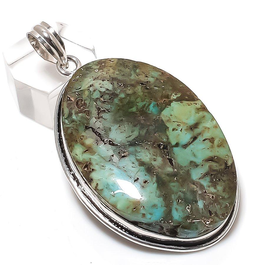Tibetan Turquoise Gemstone Handmade 925 Sterling Silver Pendant 2.52" D4i39