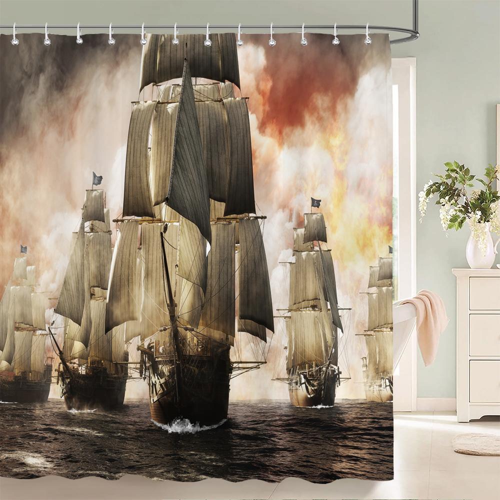 Old Pirate Ship Sea Shower Curtains 3d Printing Bath Curtain With 12 Hooks Bathroom Waterproof Polyester Cloth Bath Screen