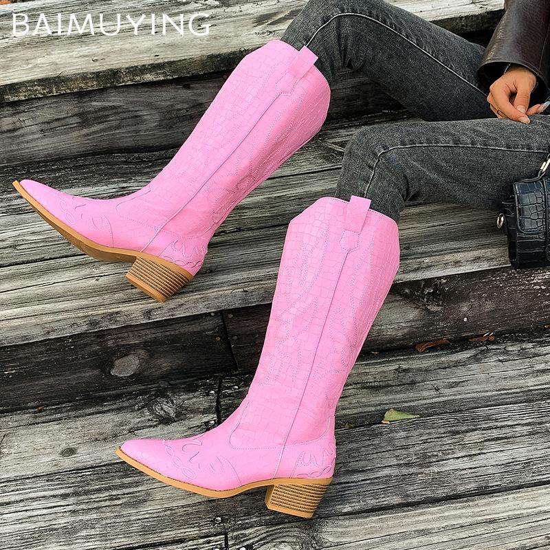 Embroidery Chunky Women High Boots Pointed Toe Designer Mid Heels Shoes 2025 Trend Winter Pumps Knee High Chelsea Botas De Mujer
