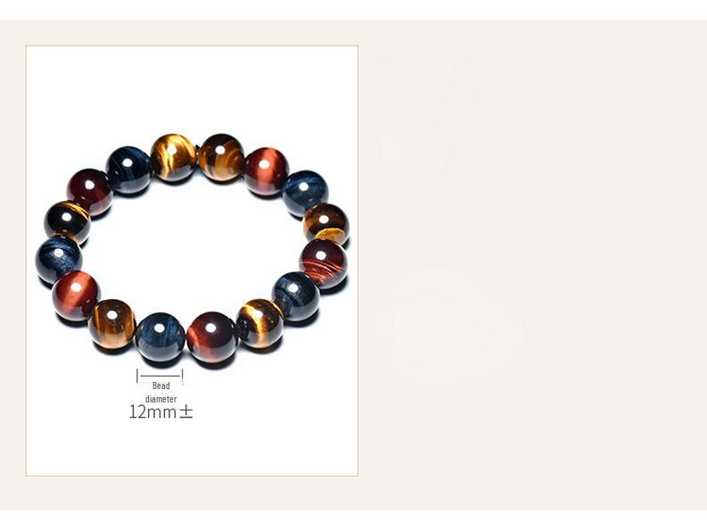 Tri-Color Tiger Eye and Eagle Eye Stone Bracelet for Men and Women, 8-14mm Natural Red, Yellow, and Blue Stones with Wood Crystal.