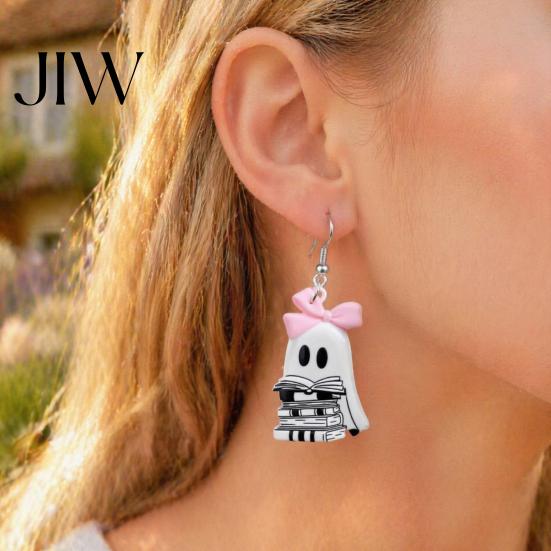 Polished Acrylic Charms Cute Reading Ghost Earrings, Sweet Bowknot Drop Fun Festival Jewelry Lightweight Halloween for Women Girls