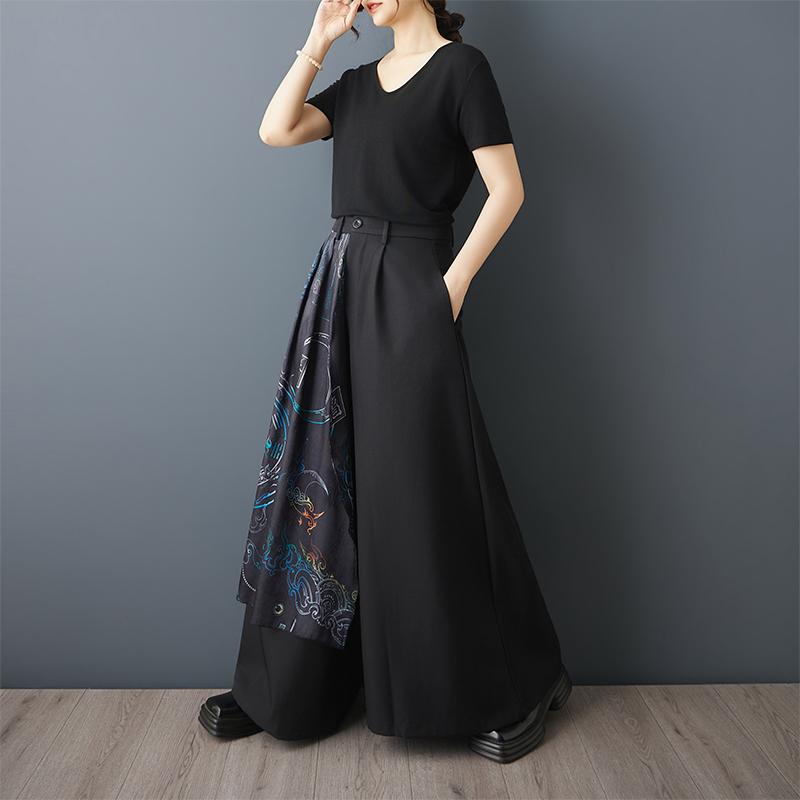 Talla grande Vintage negro floral Cintura alta Casual holgado largo Verano pierna ancha Pantalones de falda Mujer Pantalones