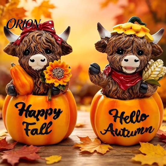 Autumn Harvest Pumpkin Decor Highland Cow Ornament, Resin Desktop Figurine Decorations, Creative Thanksgiving Table Centerpiece for Home Theme