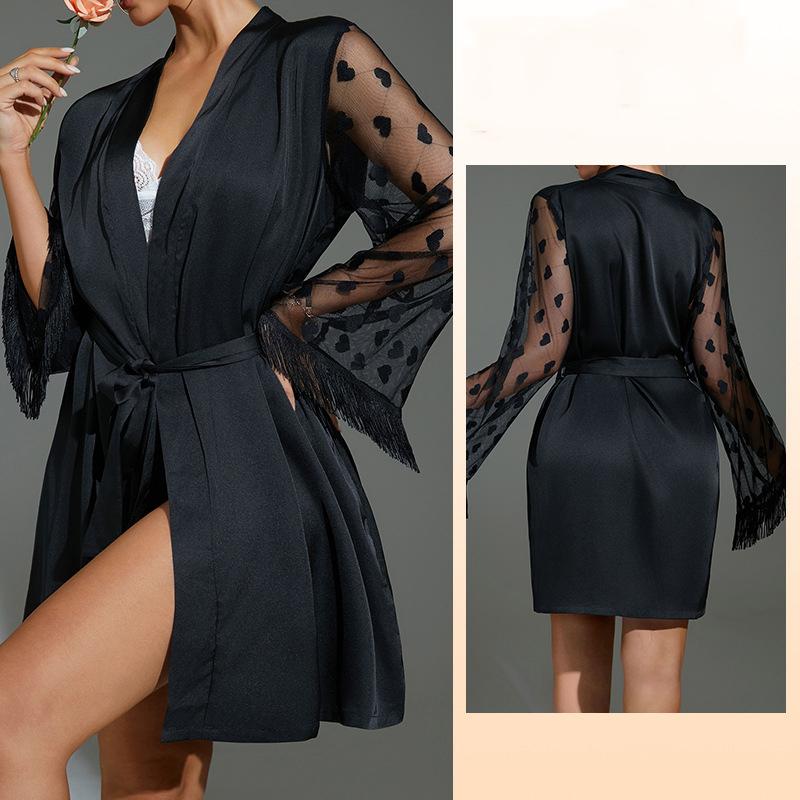 Women's  Tassel Long Sleeve Mesh and Silk Bridal Morning Robe