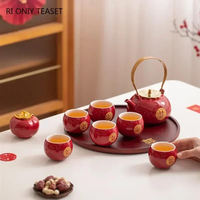 Chinese Red Ceramic Tea Set Bamboo Tray Handmade Teapot Kettle Teacup Tea Jar Household Wedding Teaware Sets Holiday Luxury Gift
