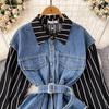 Korean Retro Women Denim Vest Shirt Spring Autumn Casual Loose Irregular Stitching Striped Fake Two