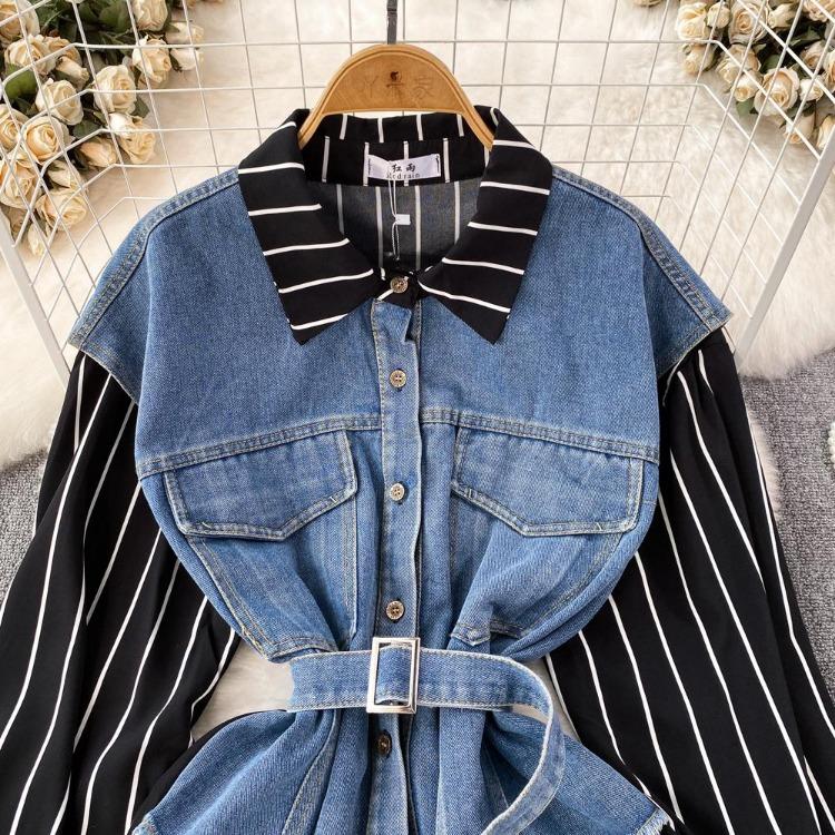 Korean Retro Women Denim Vest Shirt Spring Autumn Casual Loose Irregular Stitching Striped Fake Two