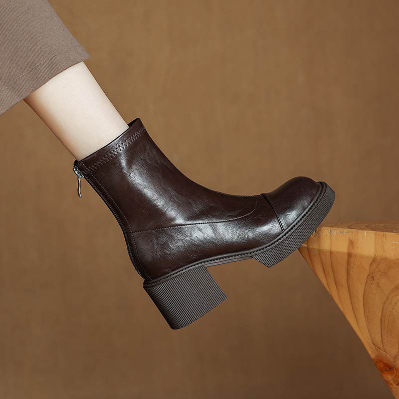 Krazing Pot Microfiber Autumn Winter Shoes Chunky Heels Size 40 Round Toe Zipper Retro Waterproof Stretch Ankle Boots