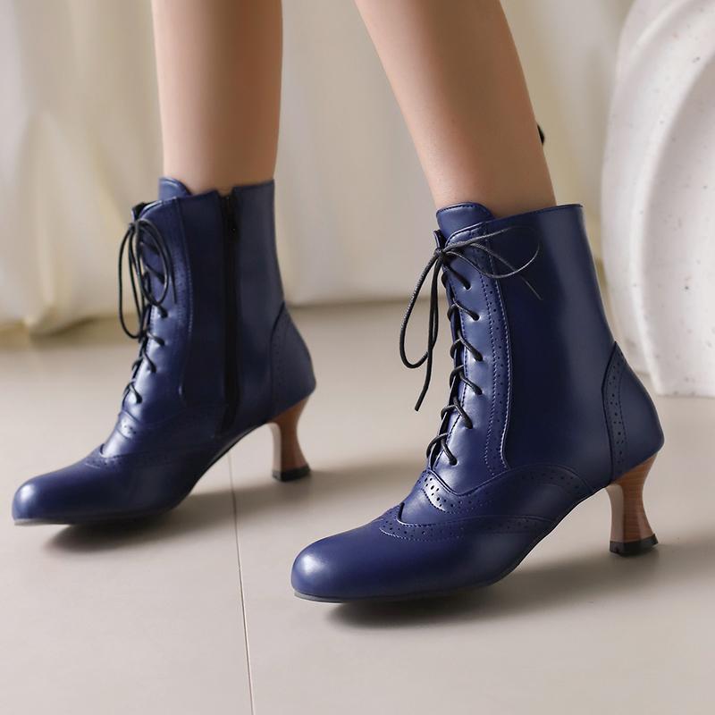 Women Boots Victorian Retro Ankle Boots Kitten Heels Shoes 2024 Autmn Winter Burnishing Holes Lace Up Cosplay Footwear