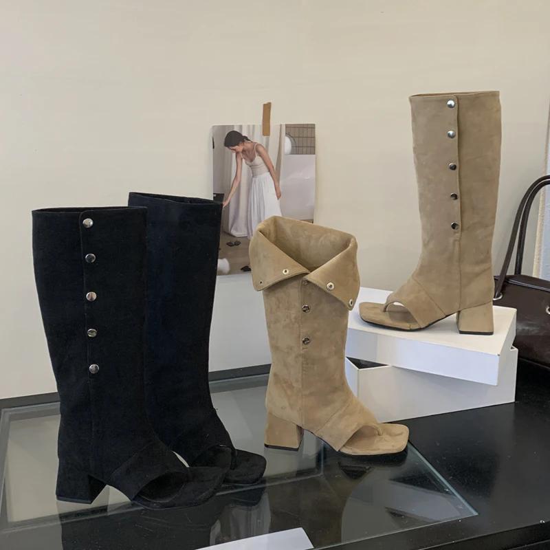 Eilyken Autumn Fashion Square Clip Toe Women Knee High Boots Sandals Square Low Heels Buckle Strap Vintage Shoes Long Botas