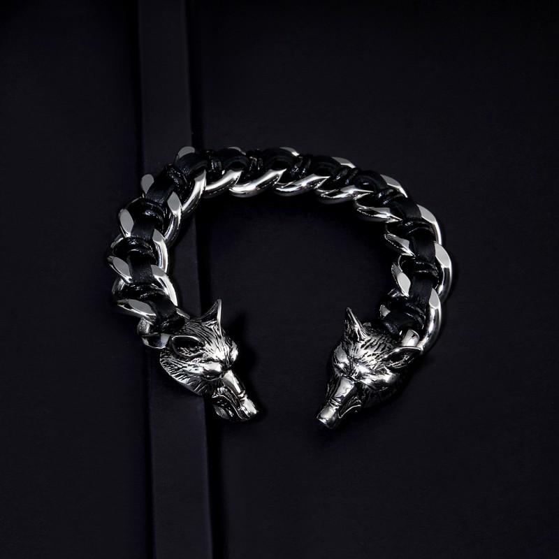Titanium Steel Wolf Head Bracelet Men Black Gunmetal Finish Leather Woven Band Vintage Style Biker Accessory