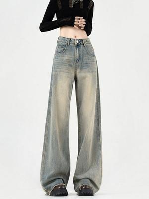 Wide-leg Jeans Women Spring and Autumn New American Retro Loose Slim Straight Mop Pants