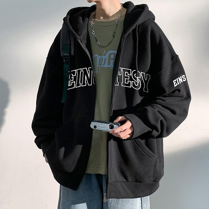 Pulover cu glugă Moda bărbați Larg Jachetă fleece integrată pentru bărbați Cardigan la modă cu broderie Top