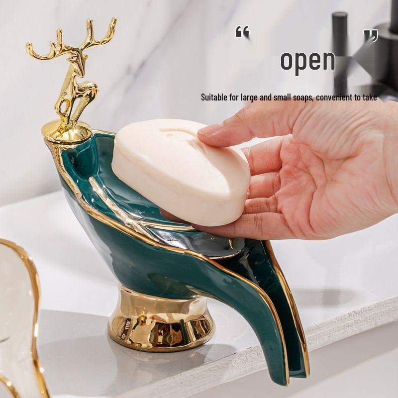Elegant Ceramic Lotus Soap Dish - White & Green, Punch-Free Draining Design for High-End Bathroom Use