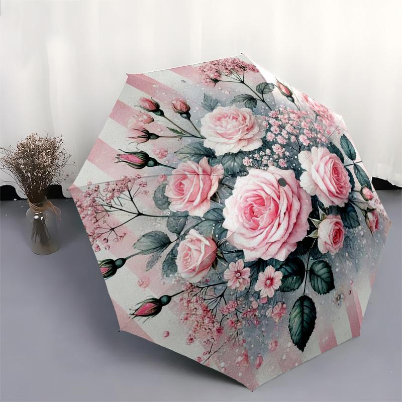 1 Stück Rosa Rosenstrauß mit gestreiftem Hintergrund Schirm mit Kunststoffgriff, Geeignet für alle Jahreszeiten Zuhause Reisen Outdoor Schirmptys31007