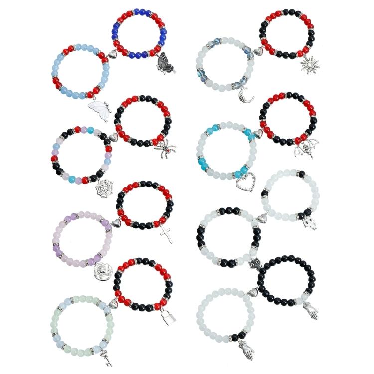 2Pieces Elegant Crystal Bead Bracelet Magnetic Clasp Handchain for Couples Adjustable Matching Wristbands Accessory