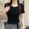Women's Solid Color Slim Fit T-shirt Casual Short Sleeve Crew Neck Tie Waist Crop Top Summer Basic Tee