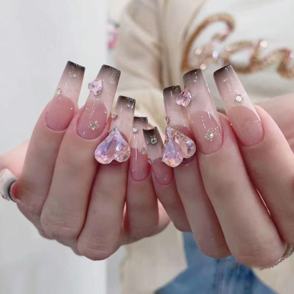 

24pcs/box Spice Girl Style Pink Black Gradient False Nail Long Length Press on Nails Women