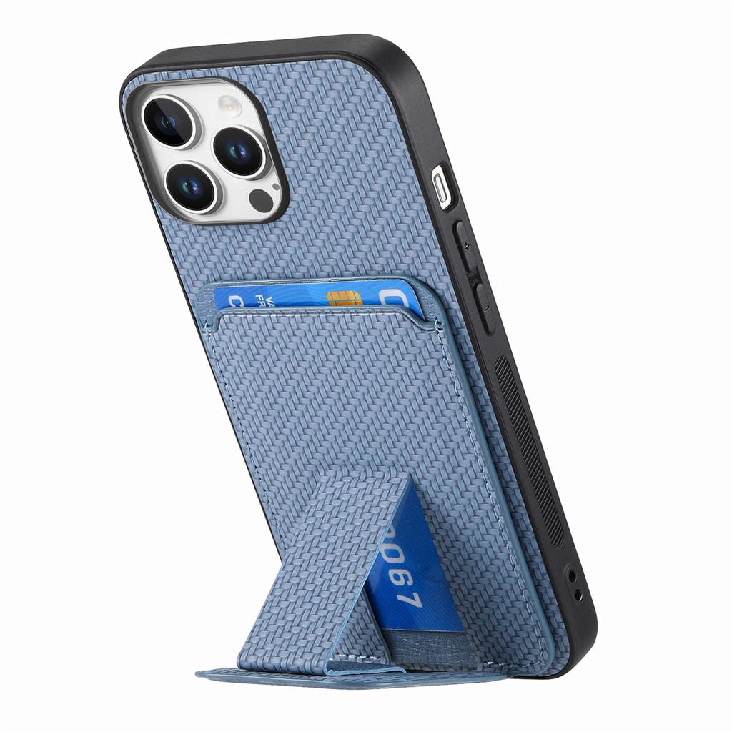 C1-11 for iPhone 16 Pro Case Card Holder Carbon Fiber Texture Leather Coated TPU Phone Cover