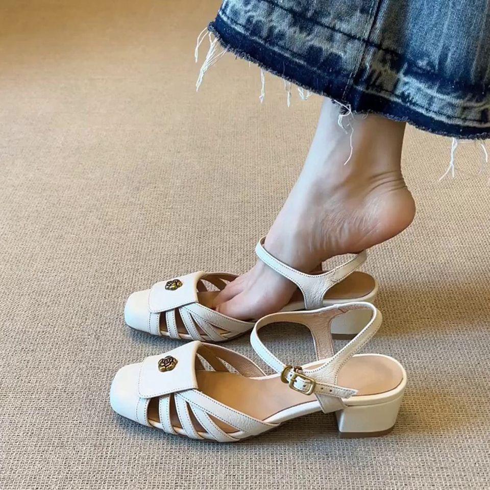 Keep version~ Camellia retro thick heel bag head sandals women's spring and summer new hollow woven Roman sandals women
