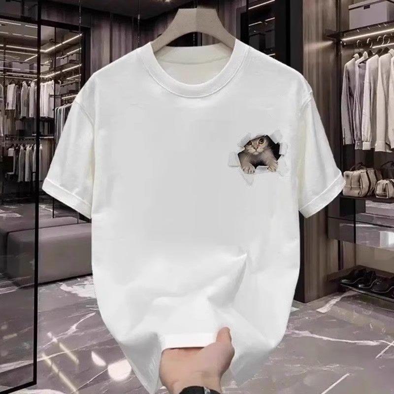 Unisex American Style Loose Fit Cat Print Summer T-Shirts