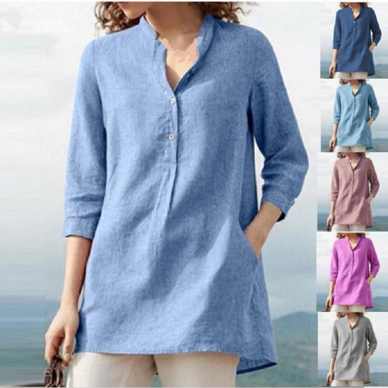 Spring 2026 Women's Solid Colour Seven Part Sleeve Stand Up Collar Cotton Linen Casual Pullover Shirt